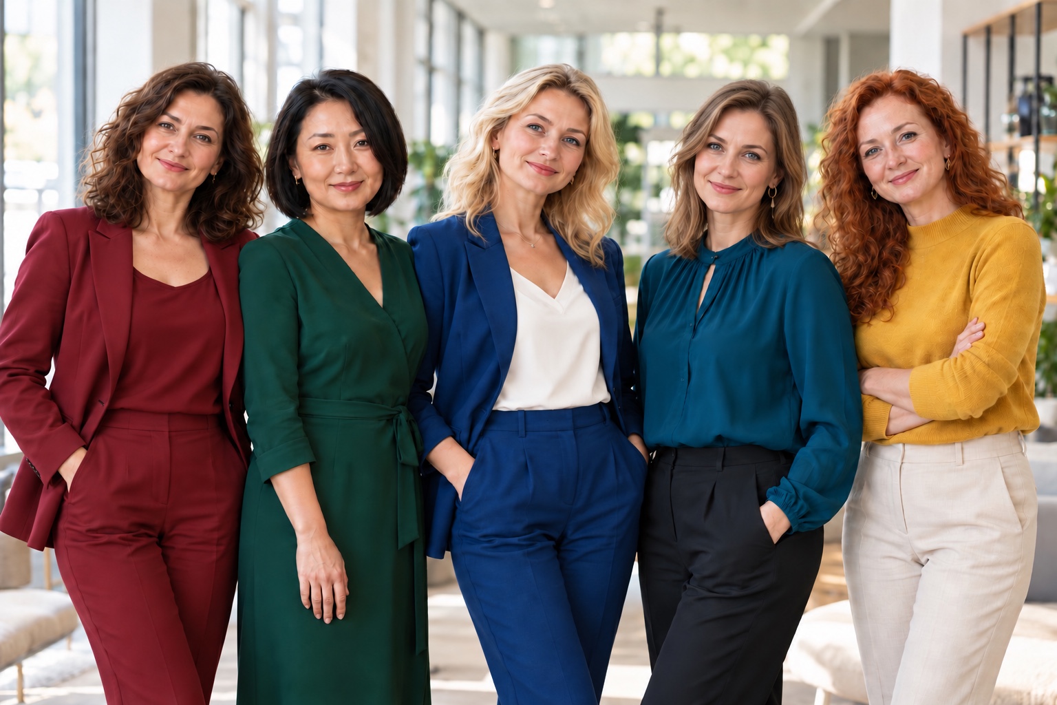Five professional women standing together, including four Slavic women and one Asian woman, with a blonde blue-eyed woman in the center